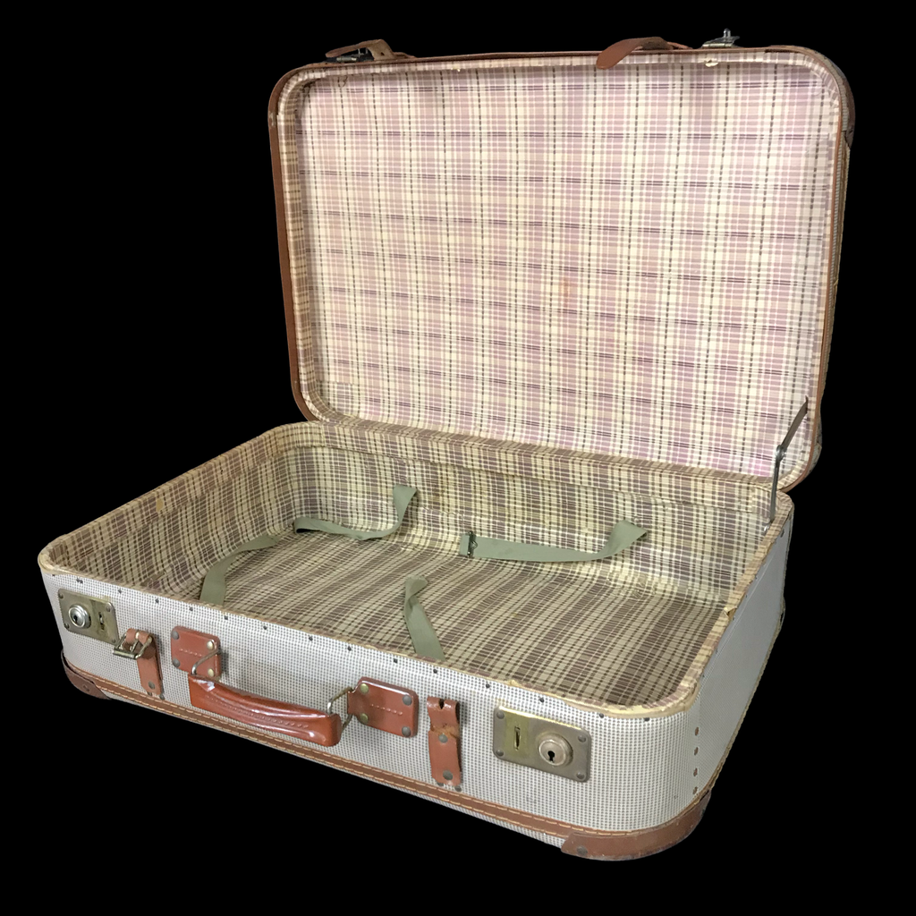 alter Schalenkoffer mit Flugzeugaufklebern (kariert)