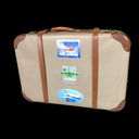alter Schalenkoffer mit Flugzeugaufklebern (kariert)