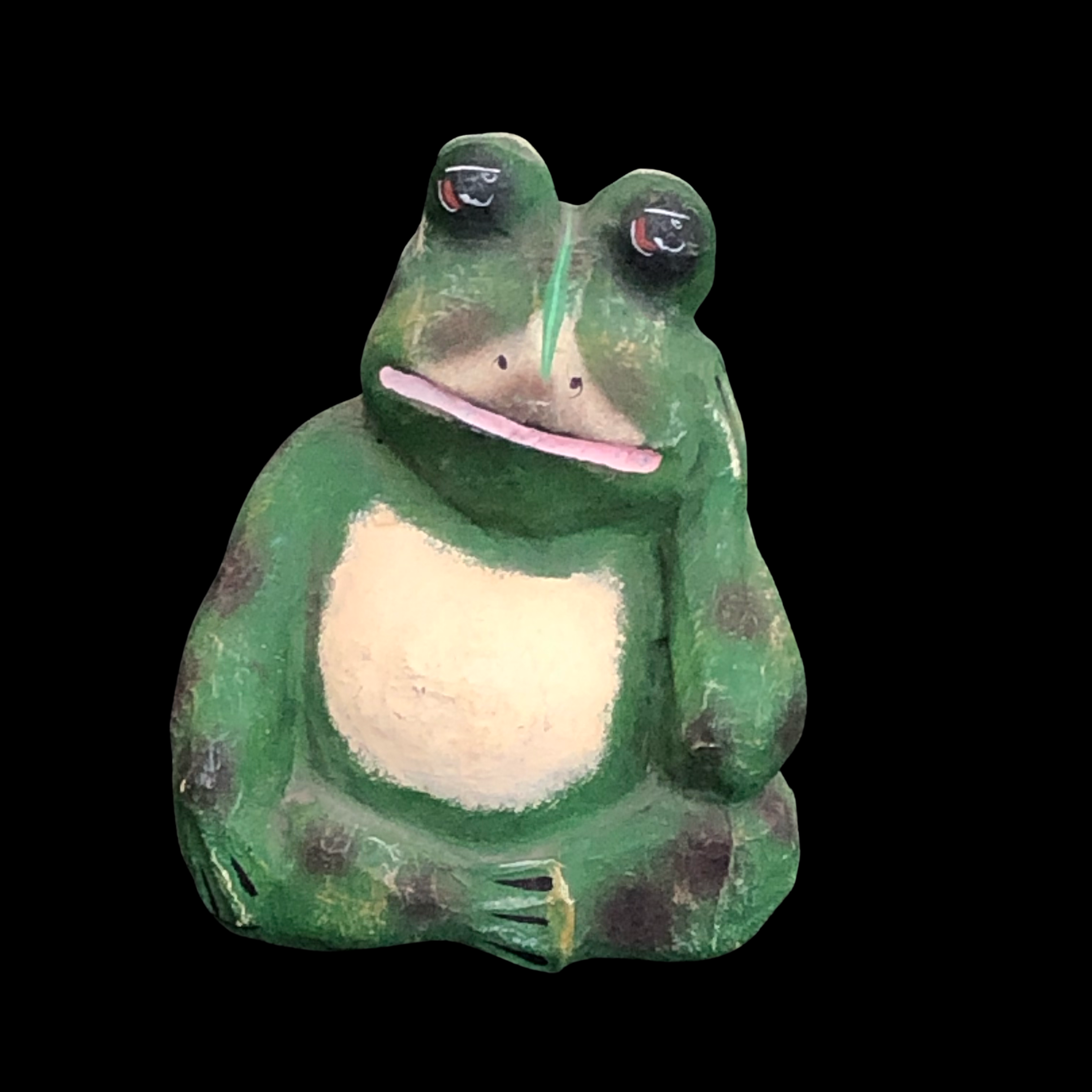 beige-grüner Frosch aus Pappmaché, sitzend