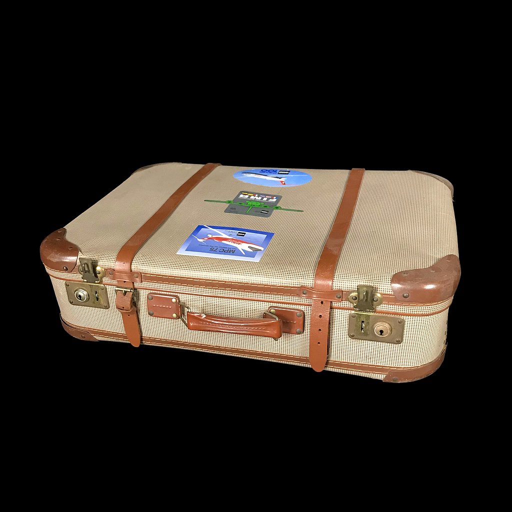 alter Schalenkoffer mit Flugzeugaufklebern (kariert)