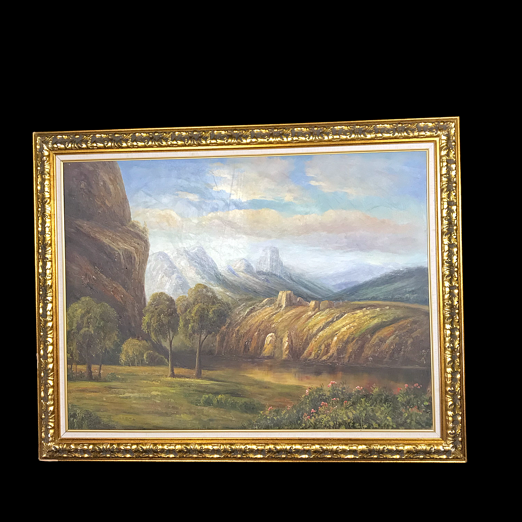 großes Bild mit goldenem Rahmen "bergige Landschaft"