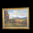 großes Bild mit goldenem Rahmen "bergige Landschaft"