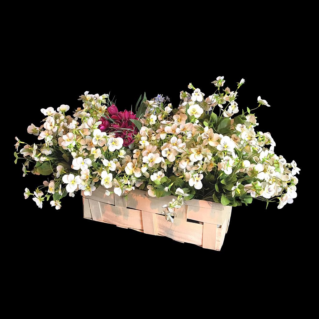 Miete - künstliches Blumengesteck mit Stiefmütterchen im Korb