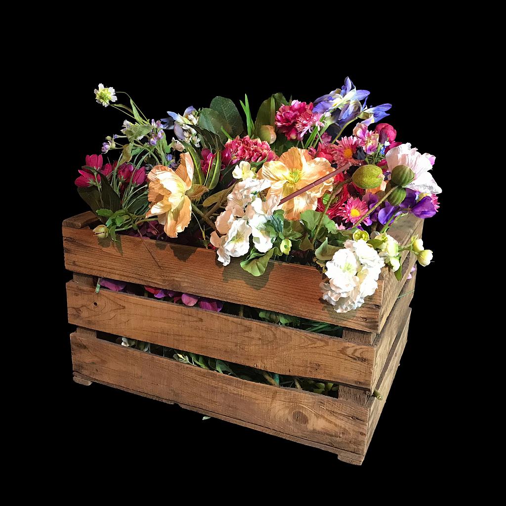 Miete - diverse bunte Seidenblumen in Holzkiste